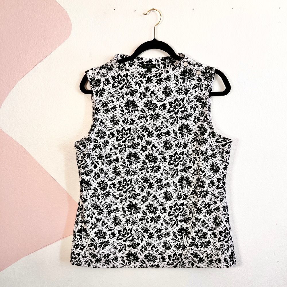 Talbots‎ Tank Top Sz Large White Black Floral Sleeveless Casual Workwear